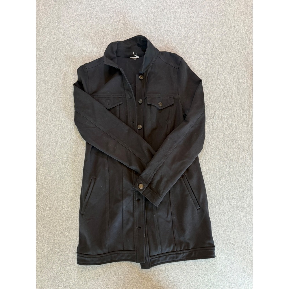 Chicos Black Longline Utility Jacket Stretch Knit Button Front Pockets Coat